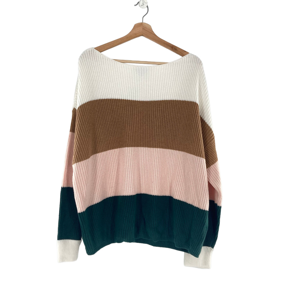 French Connection Color Block Stripe Green Pink Sweater Knit Pullover